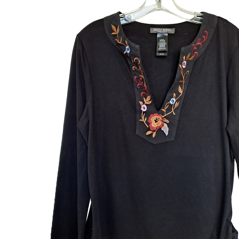 Bisou Bisou Michele Bohbot Vintage Black Boho Floral Embroidered Top szL - Picture 4 of 6